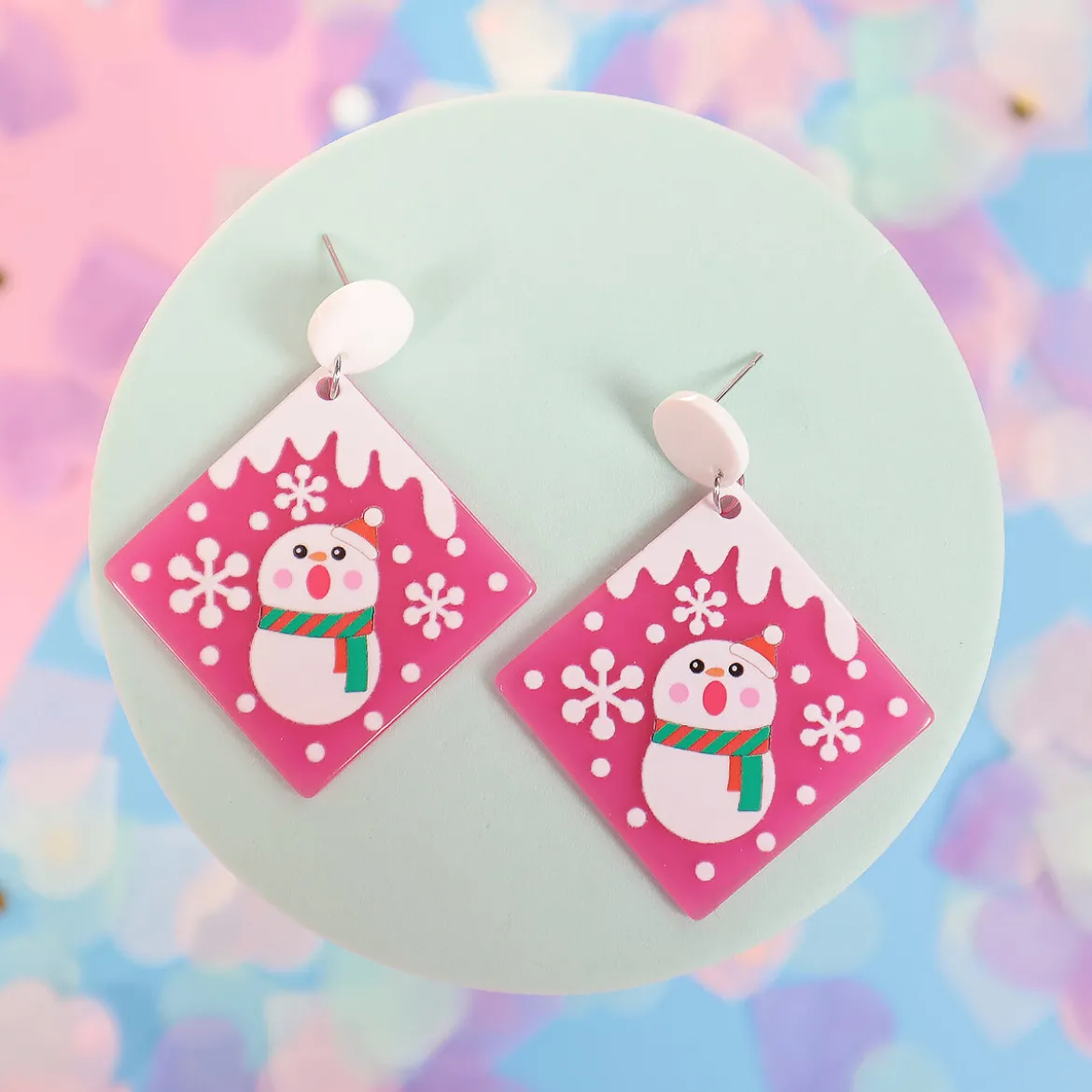 Örhängen - Rosa fyrkant med snögubbe
