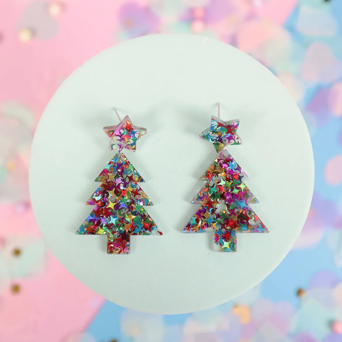 Örhängen - Transparent gran med färgglatt glitter