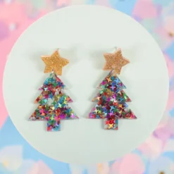 Örhängen - Transparent gran med färgglatt glitter och guldig stjärna